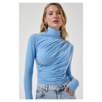 Happiness İstanbul Women's Sky Blue Gathered Detailed High Neck Sandy Blouse