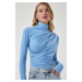 Happiness İstanbul Women's Sky Blue Gathered Detailed High Neck Sandy Blouse