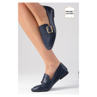 Mio Gusto Martina Genuine Leather Navy Blue Color Flat Toe Women's Loafer Shoes