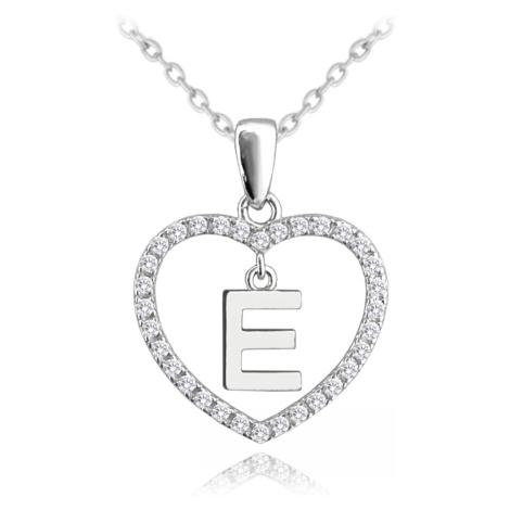 MINET Stříbrný náhrdelník písmeno v srdíčku "E" se zirkony JMAS900ESN45