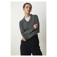 Happiness İstanbul Women's Anthracite V-Neck Crop Knitwear Sweater