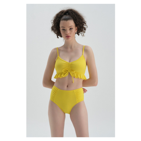 Dagi Neon Yellow Drawstring Draped High Waist Bikini Bottom