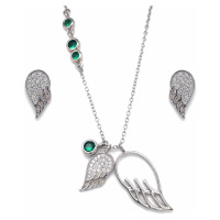 Evolution Group Sada šperků se zirkony náušnice a přívěsek bílá křídla a zelené krystaly 19001.3