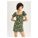 DEFACTO Sweetheart Neckline Lemon Patterned Short Sleeve Mini Jumpsuit