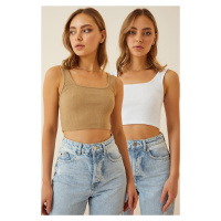 Happiness İstanbul Women's Biscuit White Halter Crop Two Pack Knitted Blouse