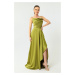Lafaba Dámské pistáciově zelené volánkové štěrbinové saténové večerní šaty a plesové šaty