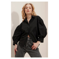 Trend Alaçatı Stili Women's Black Balloon Sleeve Basic Poplin Shirt