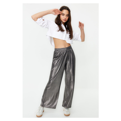 Trendyol Anthracite Foil Print Wide Leg/Wide Fit Elastic Knitted Trousers