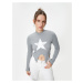 Koton High Neck Crop T-Shirt Asymmetric Cut Long Sleeve Star Print Detailed Ribbed