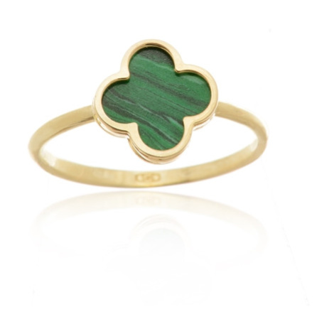 Dámský prsten čtyřlístek s malachitem ze žlutého zlata PR0628F + DÁREK ZDARMA Ego Fashion