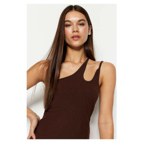 Trendyol Brown One-Shoulder Fitted/Plastic Ribbed Stretch Knit Blouse