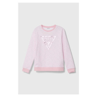 Dětská bavlněná mikina Guess růžová barva, vzorovaná