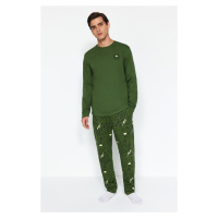 Trendyol Men's Khaki Regular Fit Embroidered Knitted 100% Cotton Pajama Set