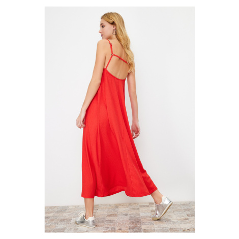 Trendyol Red Square Neck A-Line Gooseberry/Textured Knitted Maxi Dress