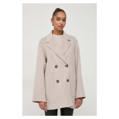 Vlněný kabát Ivy Oak béžová barva, přechodný, dvouřadový, IO111082 IVY & OAK