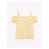 LC Waikiki Yellow Boat Collar Short Sleeved Printed Cotton Shirt for Baby Girl