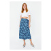 Trendyol Blue Floral Patterned Double Breasted Viscose Fabric Midi Length Woven Skirt