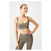 LOS OJOS Khaki Lightweight Support Gathered Straps Detailed Covered Sports Bra