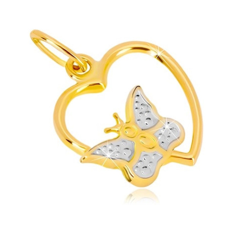 Přívěsek v kombinovaném 14K zlatě - lesklý obrys srdce, motýlek Šperky eshop