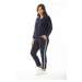 Şans Women's Plus Size Navy Blue Ribbed Long-Sleeved Blouse, Pants and Tracksuit Suit