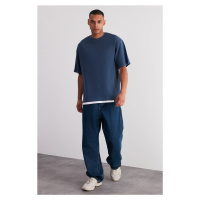 Trendyol Indigo Oversize Textured 100% Cotton T-Shirt with Piece Detail