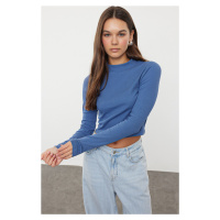 Trendyol Indigo Faded Effect Fitted/Fits the Body Crop Stand Collar Elastic Knitted Blouse