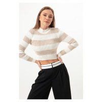 Lafaba Women's Beige Striped Lycra Crop Knitwear Sweater