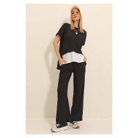 Trend Alaçatı Stili Women's Black Crew Neck Skirt Garnished Blouse and Palazzo Trousers Double C
