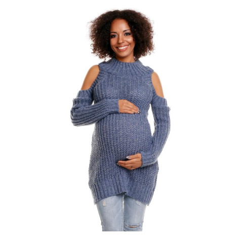 Modrý huňatý svetr s odhalenými rameny pro těhotné