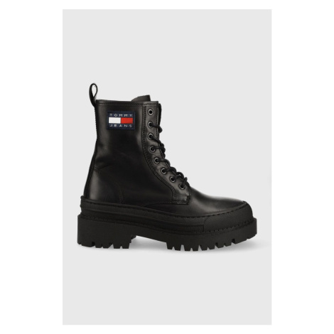 Kožené workery Tommy Jeans Lace Up Boot dámské, černá barva, na platformě Tommy Hilfiger