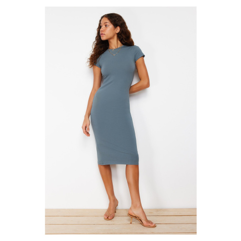 Trendyol Light Anthracite Short Sleeve Fitted/Sticky Cotton Stretch Midi Knit Dress