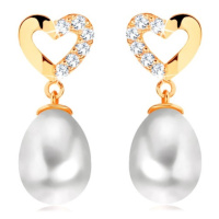 Diamantové náušnice ze žlutého 14K zlata - kontura srdce s brilianty, oválná perla