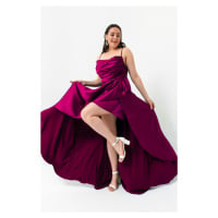 Lafaba Women's Plus Size Satin Evening Dress with Plum Ruffles and a slit Prom Prom.