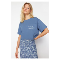 Trendyol Indigo 100% Cotton Motto Printed Pocket Relaxed Crop Knitted T-Shirt