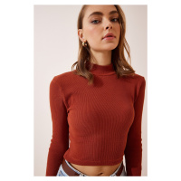 Happiness İstanbul Women's Tile Corduroy Turtleneck Crop Knitted Blouse