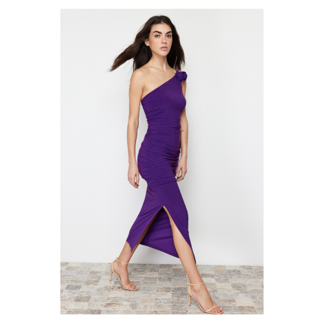 Trendyol Purple Accessory Rose Detail Gathered Bodycone/Sleeping Knitted Midi Dress