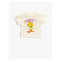 Koton Tweety Printed Sequin Sequined T-Shirt Licensed Frill Sleeve Cotton