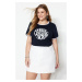 Trendyol Curve Navy Blue Printed Crop Knitted T-shirt