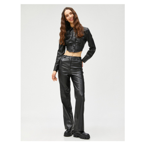 Koton Leather Look Trousers Wide Leg Pocket Detailed Buttoned