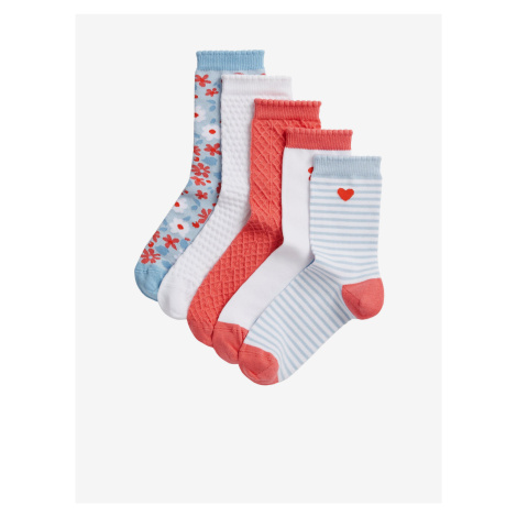 Sada pěti párů holčičích vzorovaných ponožek v červené, bílé, šedé a světle modré barvě Marks &  Marks & Spencer