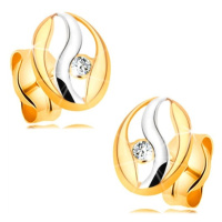 Diamantové náušnice ve 14K zlatě - obrys oválu s vlnkou z bílého zlata, briliant