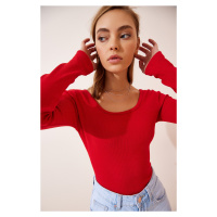 Happiness İstanbul Women's Red U-Neck Ribbed Knitted Blouse
