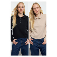 Trendyol Black-Beige 2 Pack Thessaloniki Regular/Normal Pattern Zipper Collar Knitted Sweatshirt