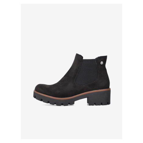 Černé dámské zateplené kotníkové boty na podpatku v semišové úpravě Rieker