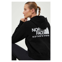 Bavlněná mikina The North Face dámská, černá barva, s kapucí, s potiskem