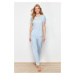 Trendyol Blue Gingham and Slogan Printed Knitted Pajamas Set