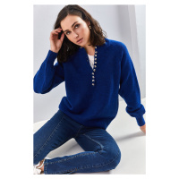 Bianco Lucci Women's Button Down Turtleneck Knitwear Sweater