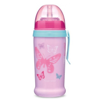 Canpol babies Sportovní láhev se silikonovou nevylévací slámkou motýlek růžová 350 ml