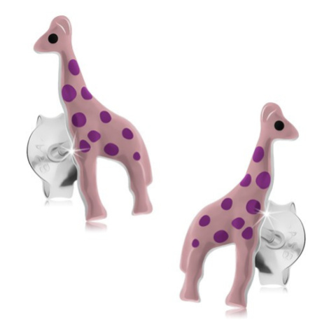 Stříbrné náušnice 925, světle růžová glazovaná žirafa s fialovými tečkami Šperky eshop
