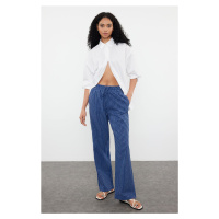 Trendyol Navy Blue Linen Blend High Waist Striped Wide Leg Trousers